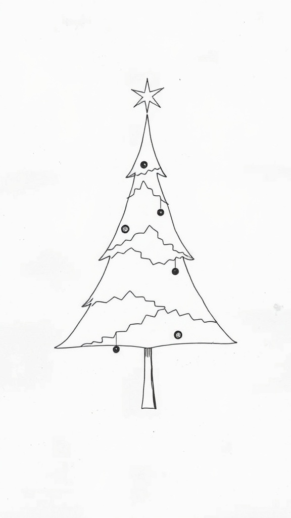 One-line drawing of a Christmas tree with zigzag branches and ornaments.